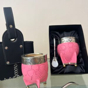 Mate Imperial Floreado Rosa Base De Alpaca + Bombilla De Acero