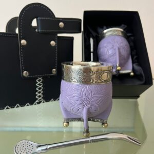 Mate Imperial Floreado Lila Base De Alpaca + Bombilla De Acero