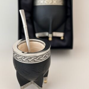 Mate Imperial Floreado Negro Base De Alpaca + Bombilla De Acero