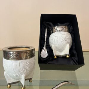 Mate Imperial Floreado Blanco Base De Alpaca + Bombilla De Acero