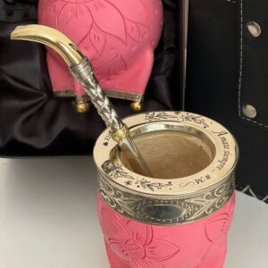 Mate Imperial Floreado Fuxia Base De Alpaca + Bombilla De Alpaca