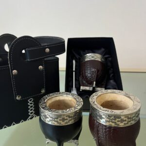 Mate Imperial Cuero Crocco Base De Alpaca + Bombilla De Acero